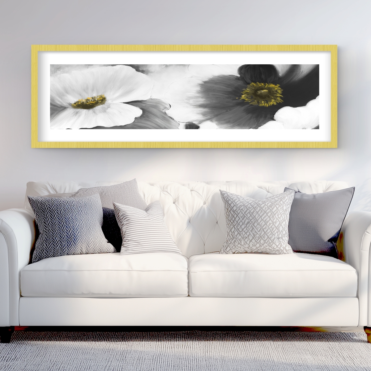 C1FM20602EA9GA 20 x 60 in. Black & White Flowers - Botanical Framed Print for Decor