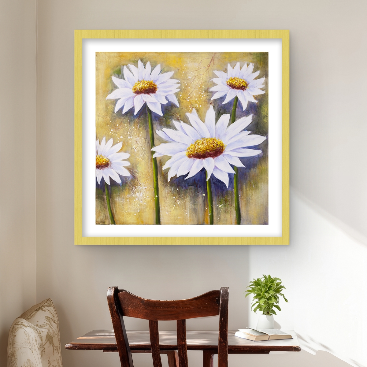 C1FM24245PFV21 24 x 24 in. Daisies At Sun - Beige Romantic Framed Matted Print Decor