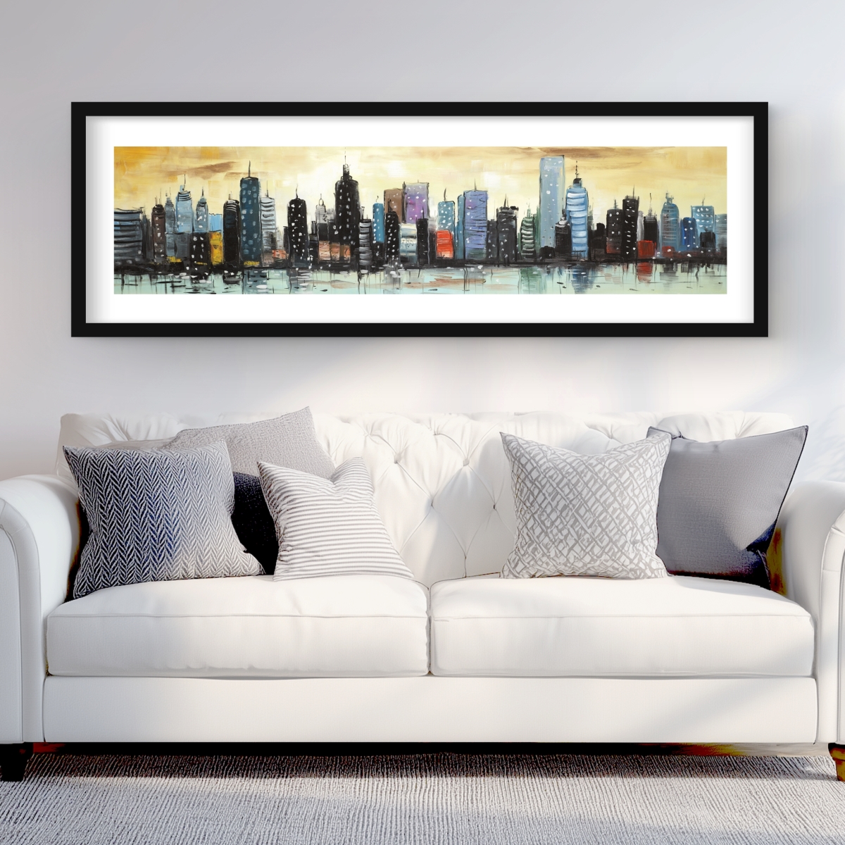 C1FM2060WIN3V3 20 x 60 in. Skyline on Abstract Cityscape - Yellow Framed Matted Print