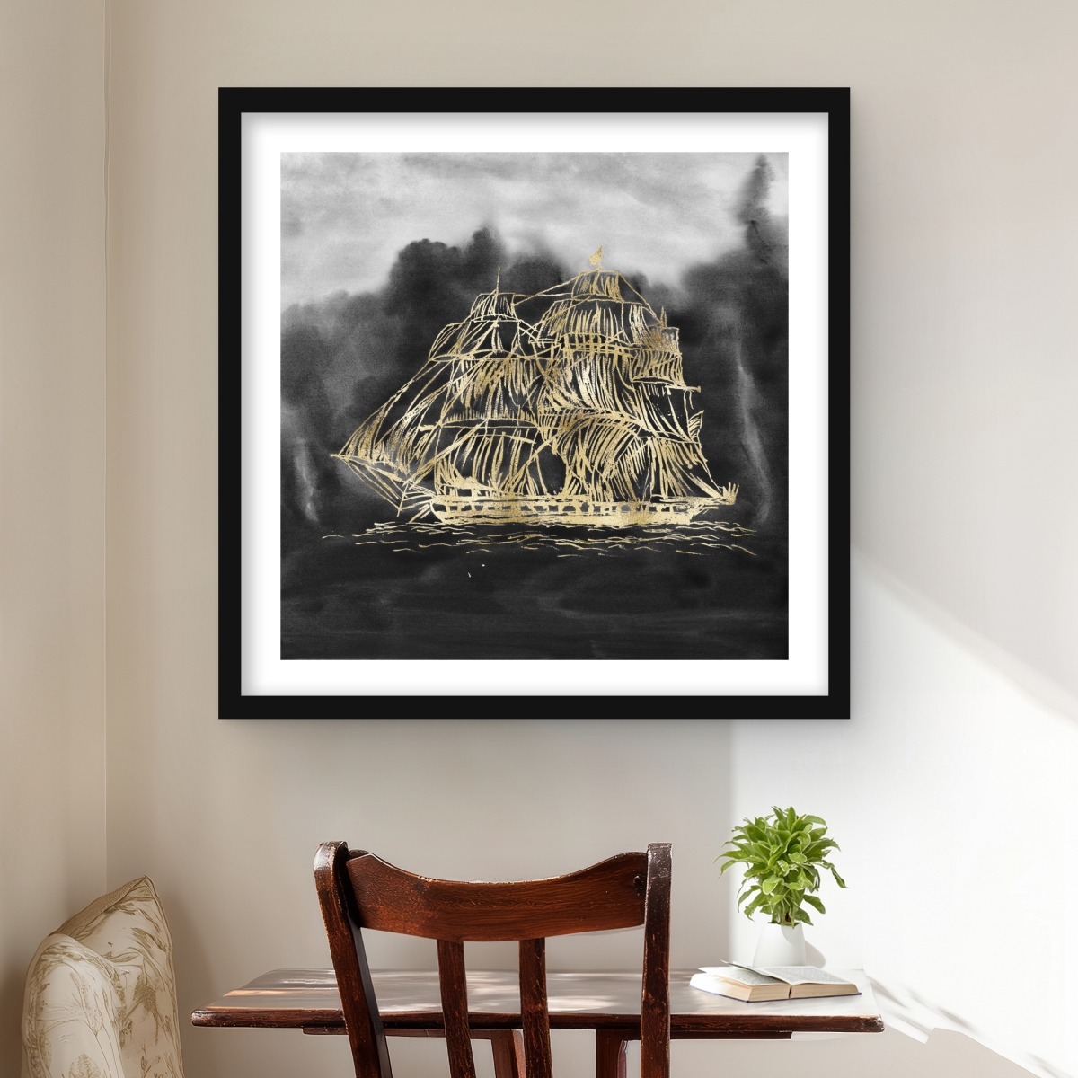 C1FM2424EIJN47 24 x 24 in. Old Sailing Ship Illustration - Black Framed Matted Print