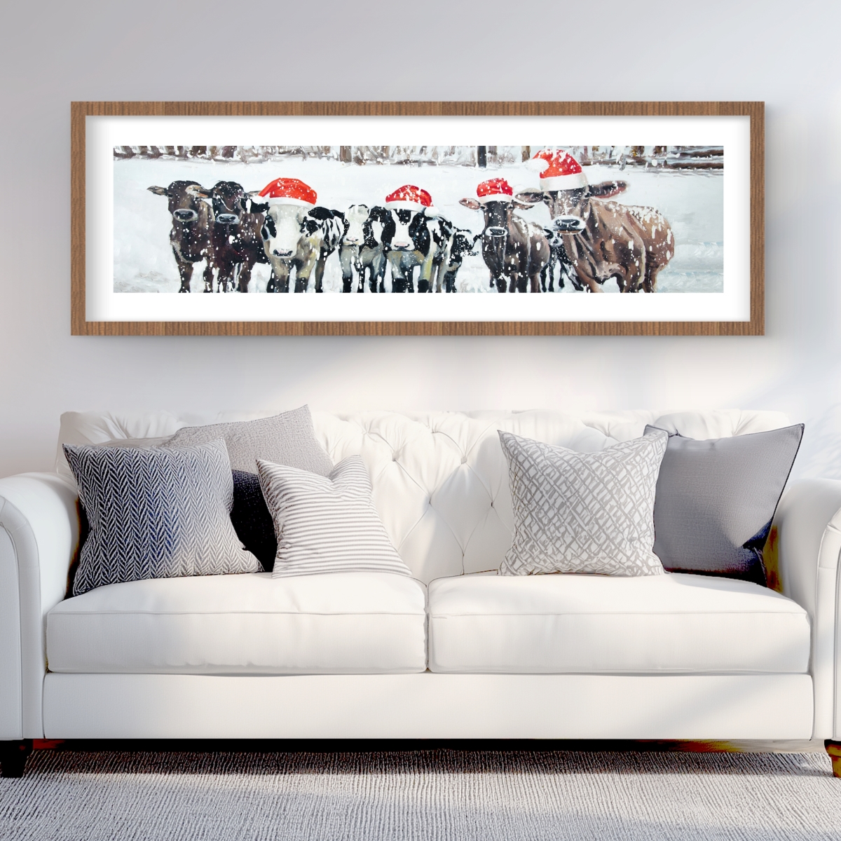 C1FM2060Z9JMLW 20 x 60 in. Curious Christmas Cows - White Framed Matted Print for Decor