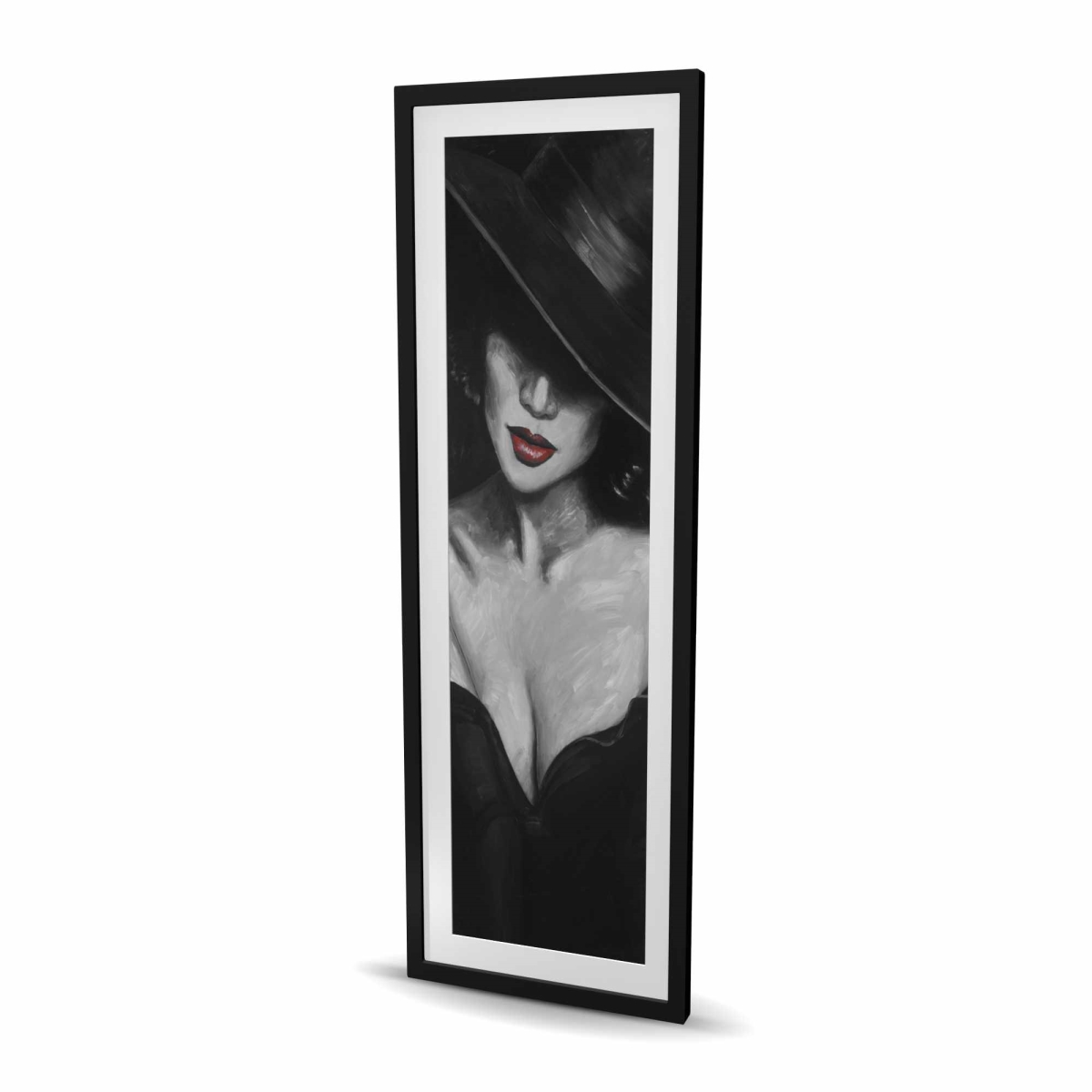C1FM2060MQROB0 20 x 60 in. Mysterious Red Lips Lady - Black & White Framed Print Decor