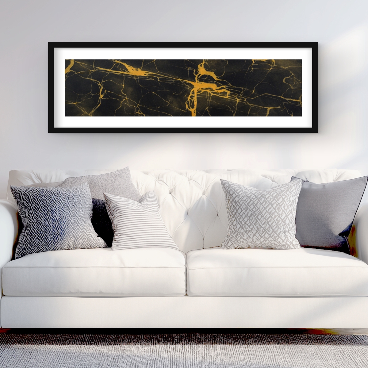 C1FM1648LNO48W 16 x 48 in. Black & Gold Marble Texture - Yellow Pattern Framed Print