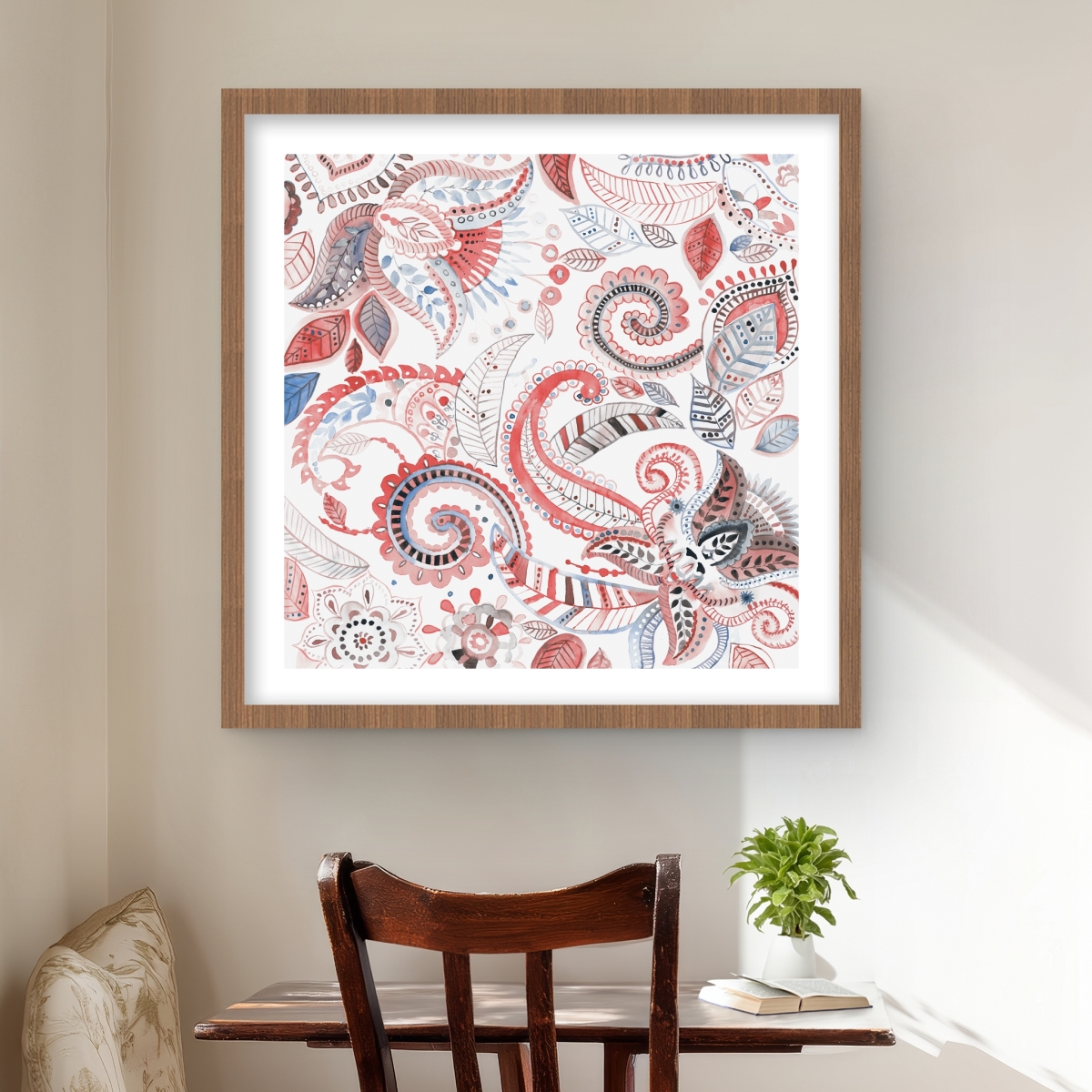 C1FM2424CJ1VDL 24 x 24 in. Paisley Pattern - Illustrative Coral Framed Matted Print