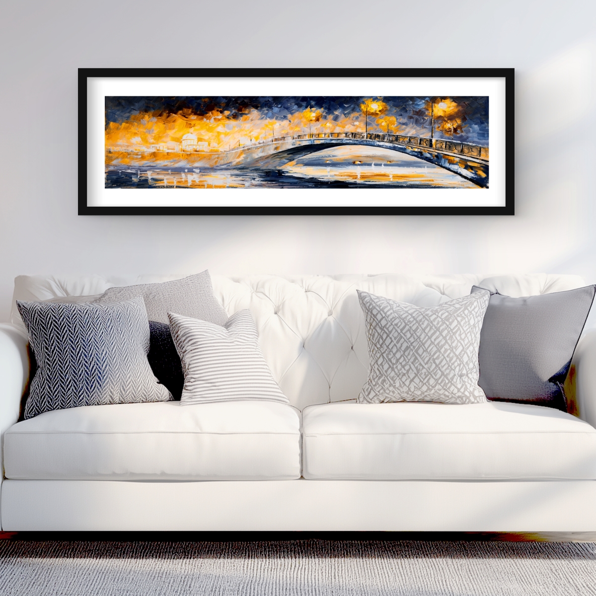 C1FM1648ULEHXB 16 x 48 in. Bridge in the Moonlight - Blue Romantic Framed Print Decor