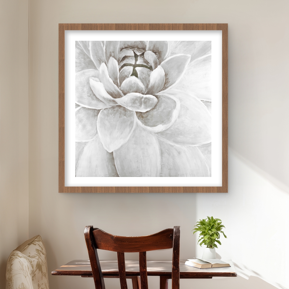 C1FM2424I7N01W 24 x 24 in. Delicate White Chrysanthemum - Beige Floral Framed Print