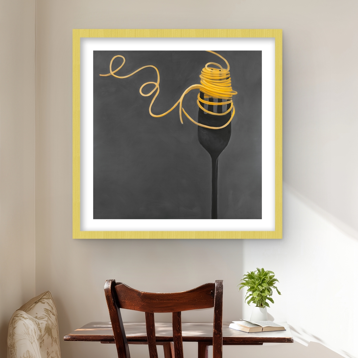 C1FM24242RZZNO 24 x 24 in. Spaghetti Pasta Around A Fork - Yellow Kitchen Print Decor