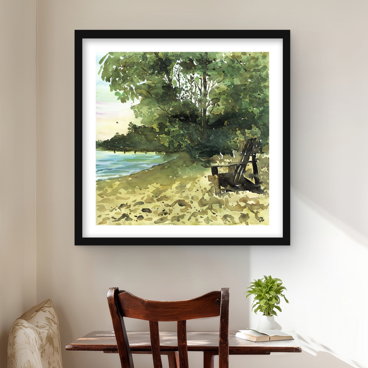 C1FM2424QLT61W 24 x 24 in. Day At the Lake - Kitchen Beach Framed Matted Print Decor