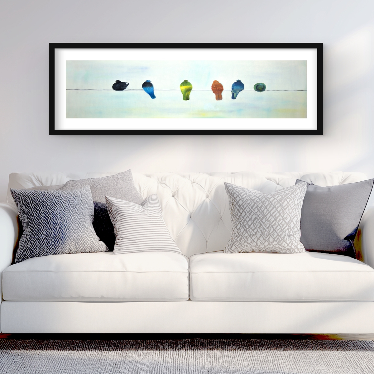 C1FM1648EUDC2P 16 x 48 in. Perched Abstract Birds - Blue Framed Matted Print for Decor