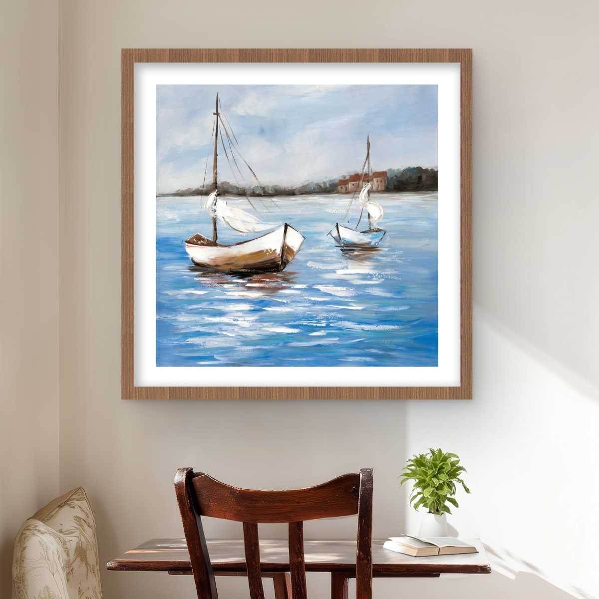 C1FM24247HW642 24 x 24 in. Two Boats on the Water - Brown Contemporary Framed Print