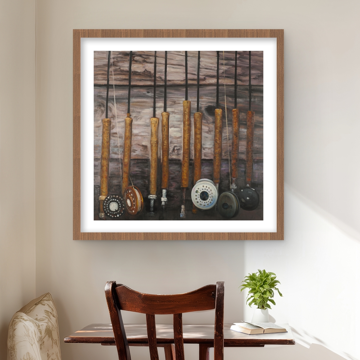 C1FM2424DKSP1M 24 x 24 in. Fishing Rods on Wood - Still Life Brown Framed Print - Decor