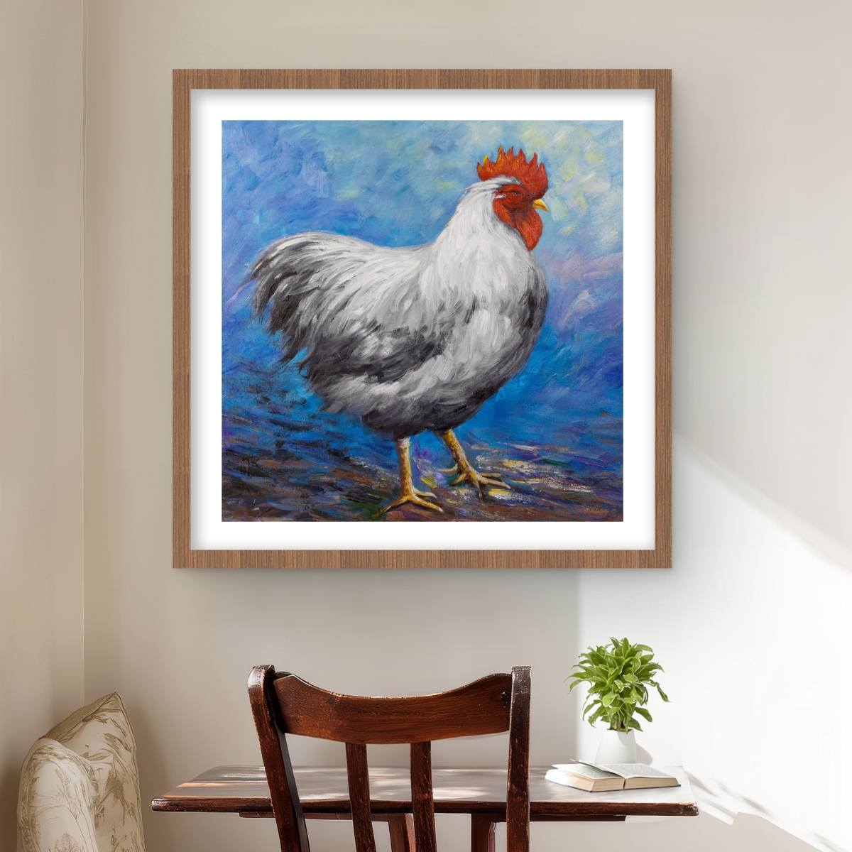 C1FM2424BQP81B 24 x 24 in. Gray Rooster - Classic Blue Kitchen Framed Matted Print