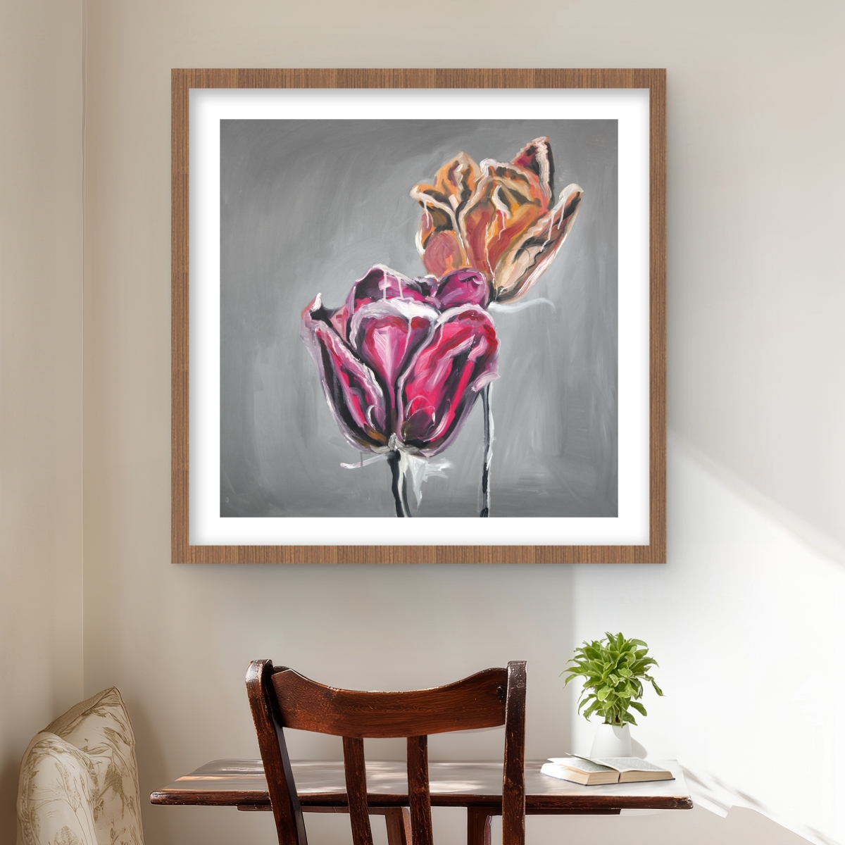 C1FM2424BEOB4P 24 x 24 in. Abstract Tulips - Kitchen Floral Framed Matted Print Decor