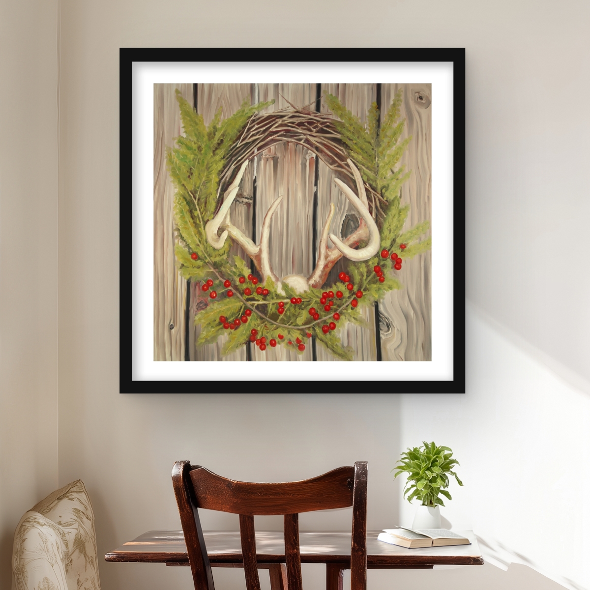 C1FM2424BNMMHQ 24 x 24 in. Christmas Wreath with Panache - Rustic Framed Print Decor