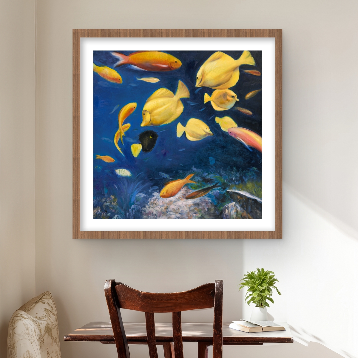 C1FM2424C7FLW7 24 x 24 in. Fish Under the Sea - Marine Bedroom Framed Matted Print