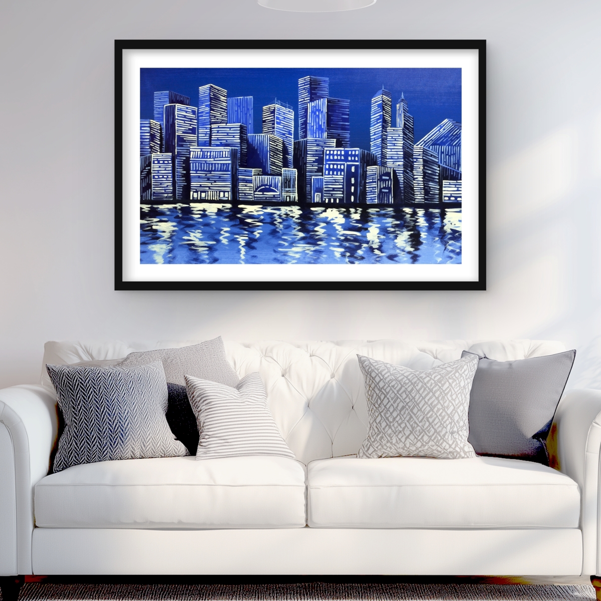 C1FM24366PCBUX 24 x 36 in. Blue Skyline - Contemporary Blue Framed Matted Print Decor