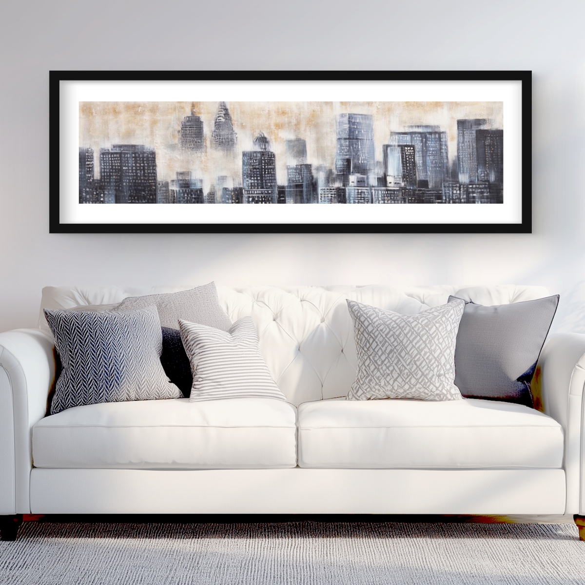 C1FM2060AT4EJ7 20 x 60 in. Buildings Through the Clouds - Modern Office Framed Print