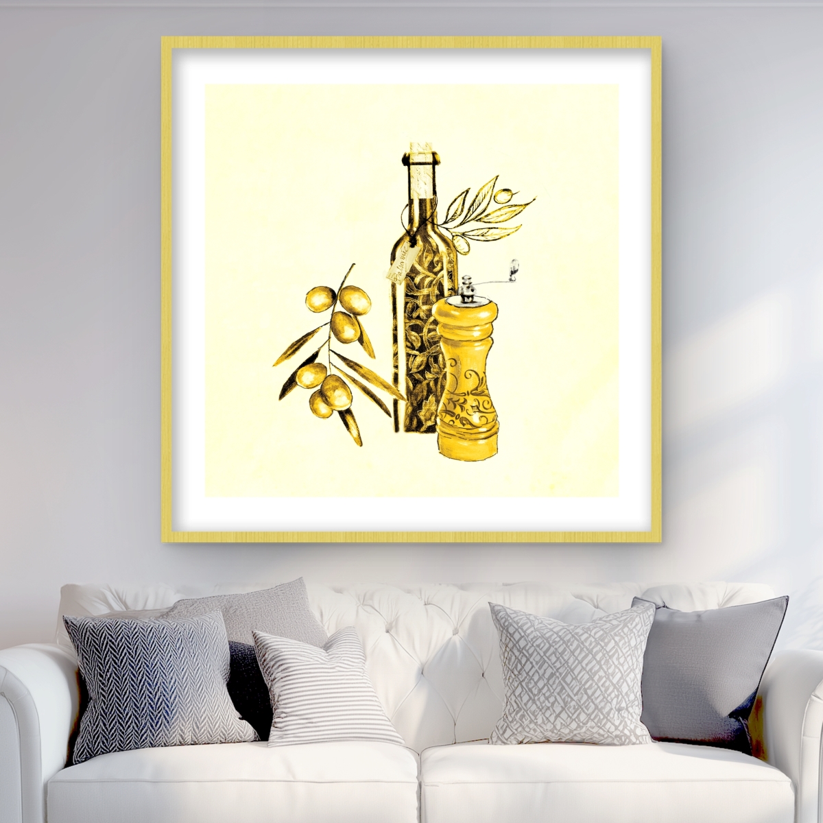C1FM3636U68LSZ 36 x 36 in. Olive Oil & Pepper Still Life Print - Yellow Framed Decor