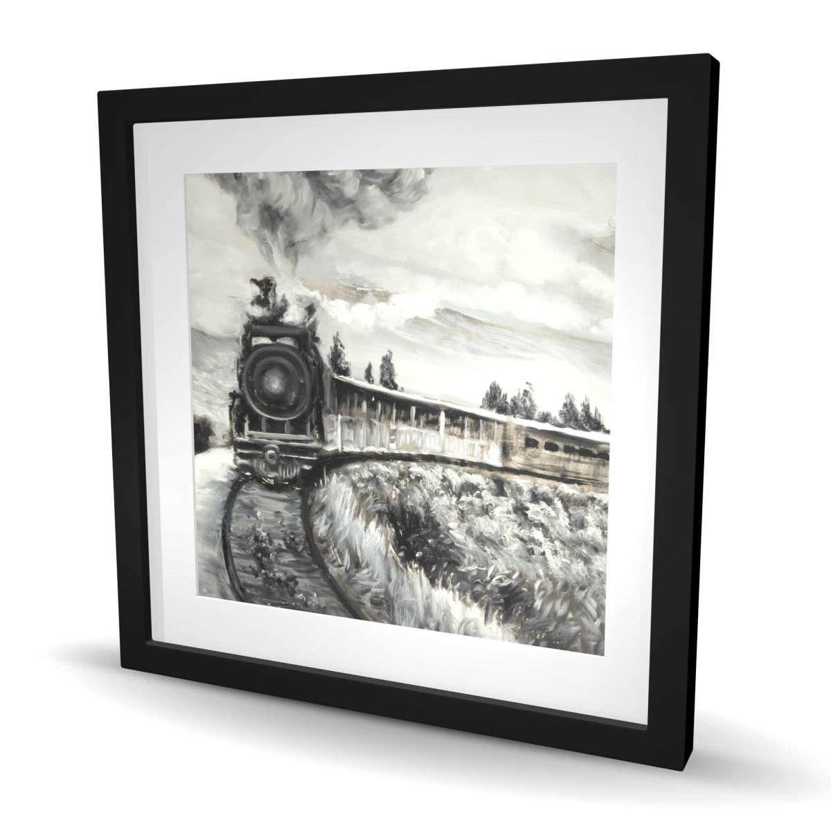 C1FM2424D794QU 24 x 24 in. Steam Engine Train - Gray Framed Matted Print for Home Decor