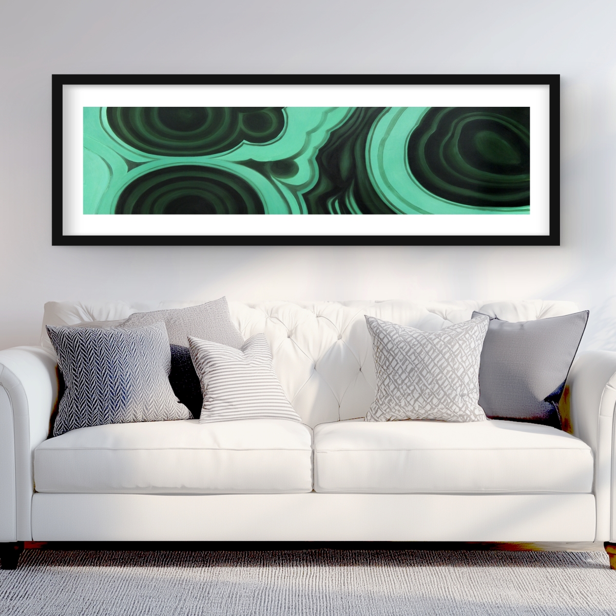 C1FM2060SLVNS6 20 x 60 in. Malachite Stone Framed Matted Print - Elegant Home Decor
