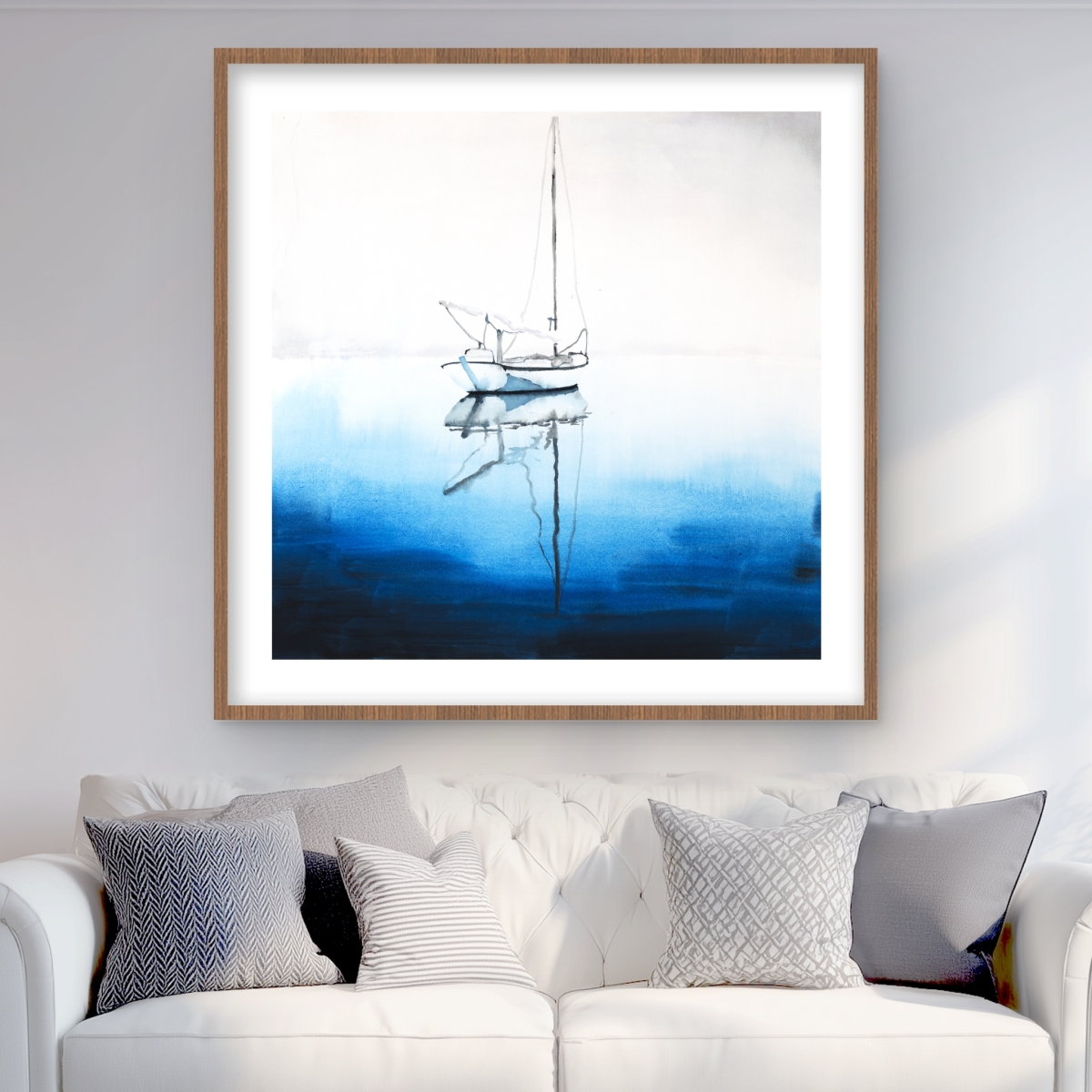 C1FM3636VAD38C 36 x 36 in. White Boat on Deep Blue Water - Framed Matted Print Decor