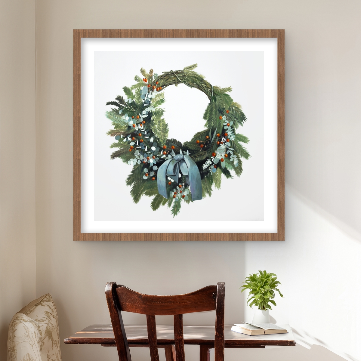 C1FM242424RSSG 24 x 24 in. Christmas Wreath - Holidays Botanical Framed Matted Print
