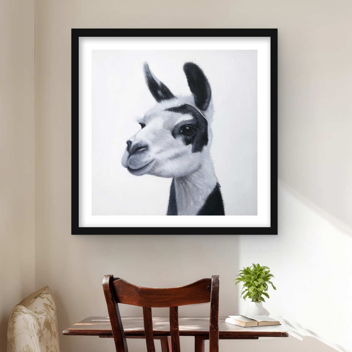 C1FM2424OS5E2O 24 x 24 in. Black & White Lama - Rustic Office Framed Matte Print Decor