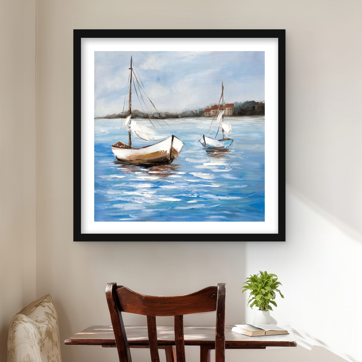 C1FM2424A9LX8N 24 x 24 in. Two Boats on the Water - Blue Living Room Framed Print