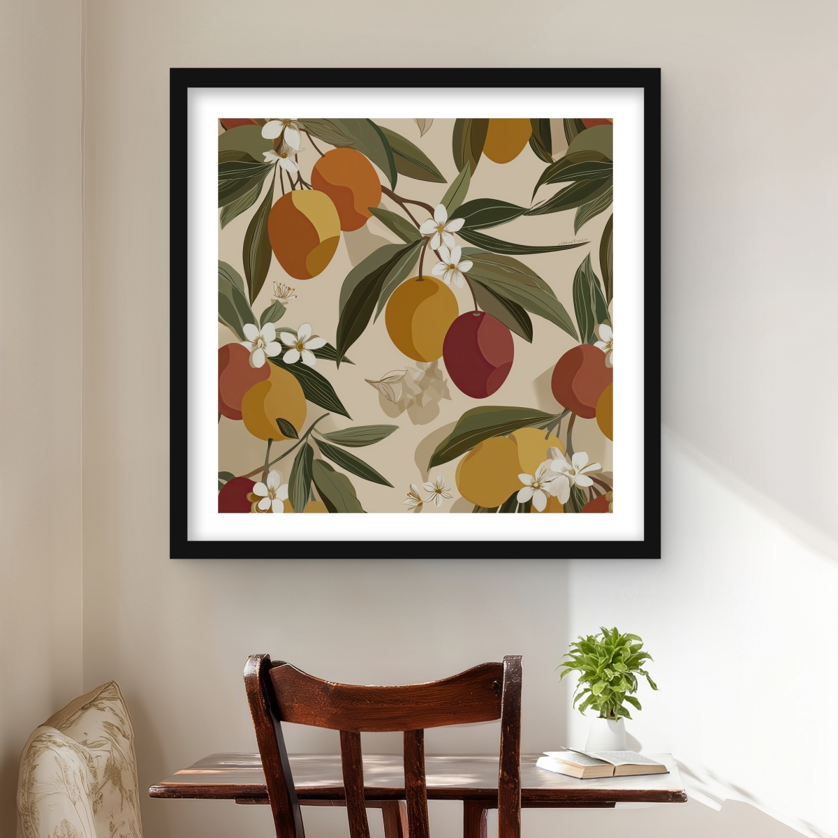 C1FM242446GHZO 24 x 24 in. Hanging Fruits - Beige Floral Botanical Framed Print Decor