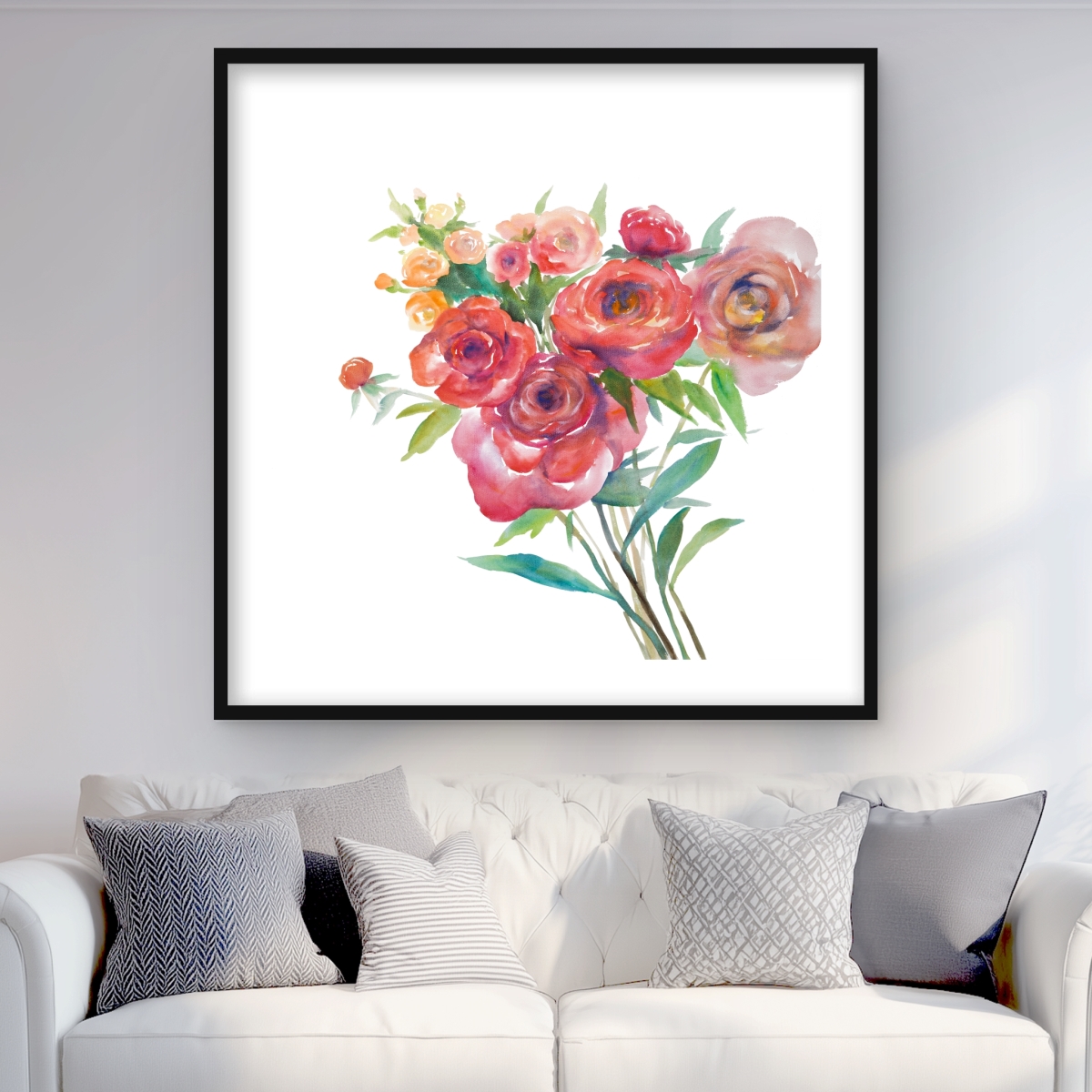 C1FM3636NQPU9Y 36 x 36 in. Watercolor Bouquet of Flowers - Botanical Green Framed Print
