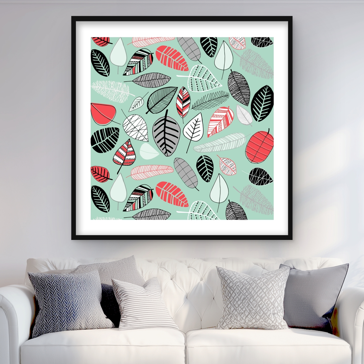 C1FM3636OYGLX2 36 x 36 in. Turquoise Leaf Patterns - Framed Matted Print for Home Decor