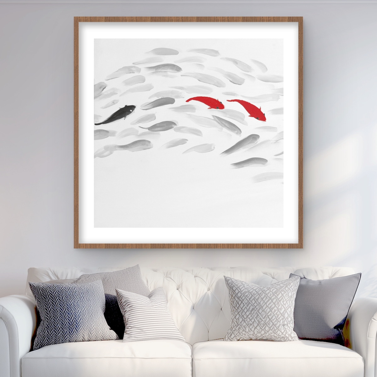 C1FM3636Q7MTR3 36 x 36 in. Swimming Fish Wave - Black Framed Matted Print for Decor