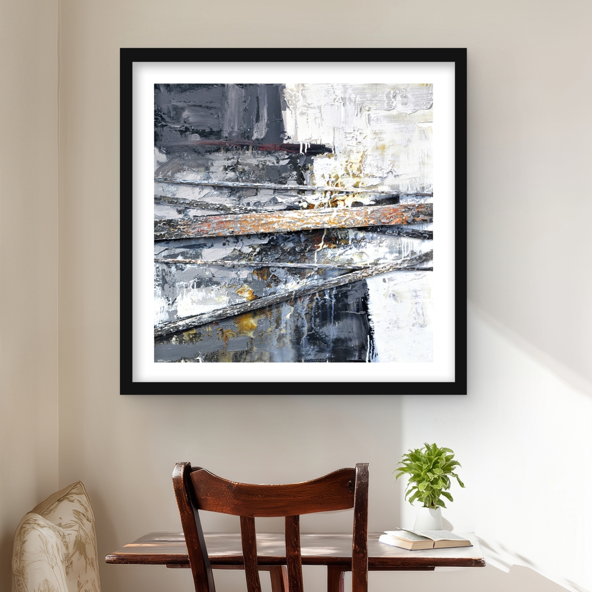 C1FM2424OC1TI3 24 x 24 in. Texturized Paint Splashing Stripes - White Abstract Print
