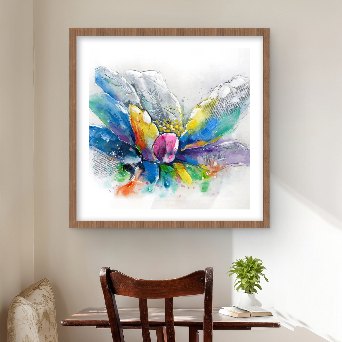C1FM2424HTTMBU 24 x 24 in. Abstract Flower with  spaper - Blue Framed Matted Print