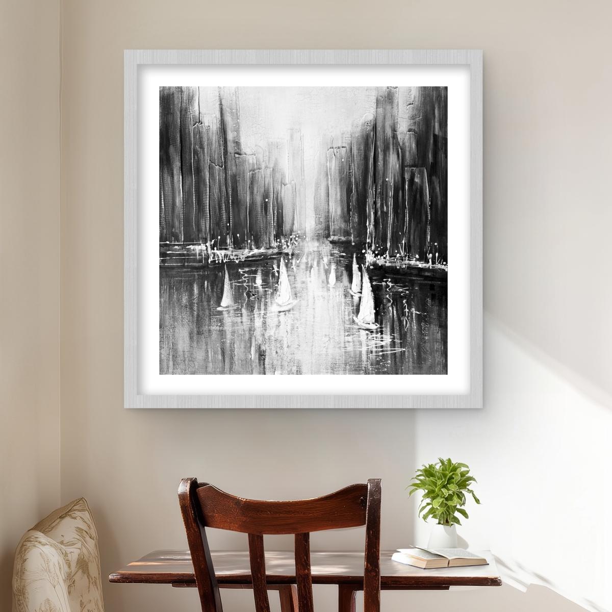 C1FM2424HZ8SVR 24 x 24 in. Grayscale Boats on the Water - Coastal Framed Matted Print