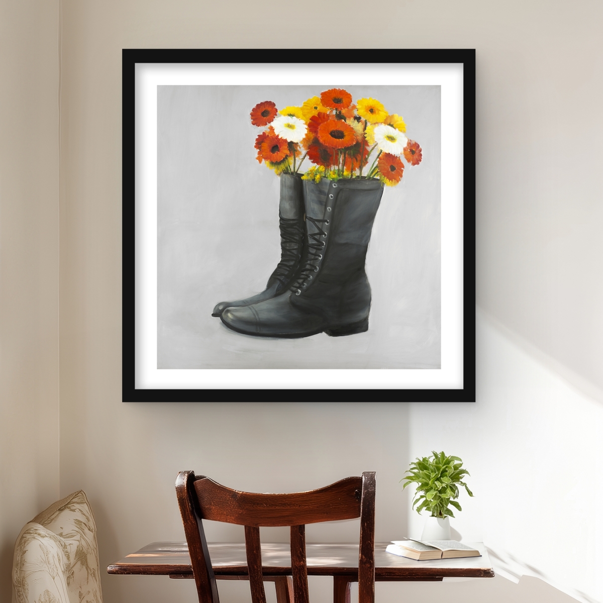 C1FM2424KOXNBS 24 x 24 in. Boots Full of Flowers - Bedroom Still Life Framed Print