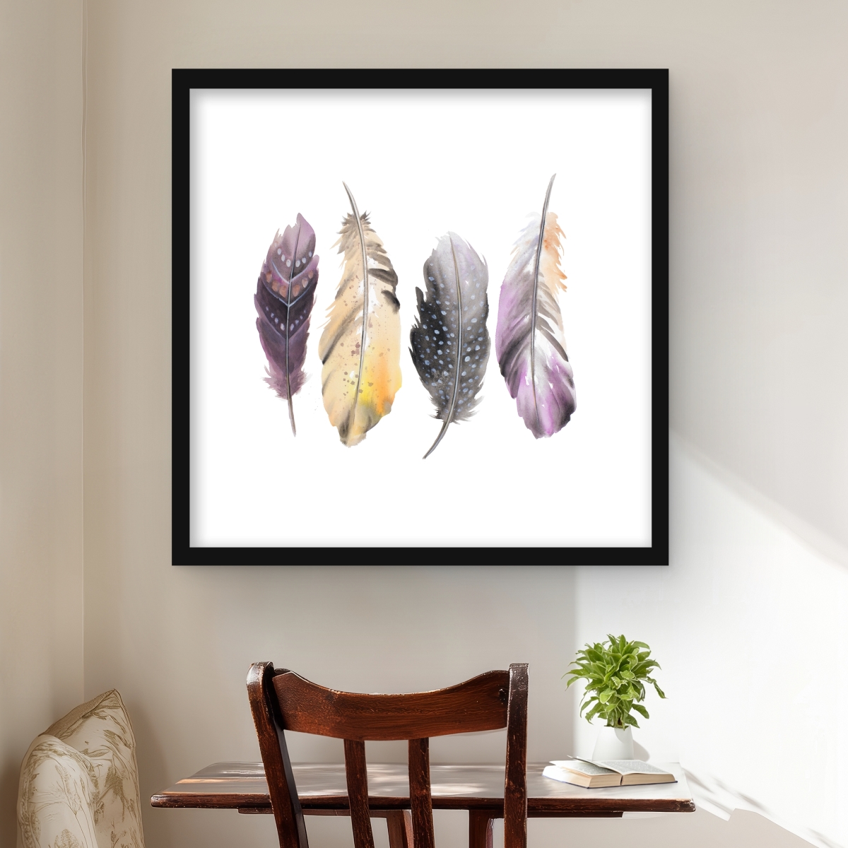 C1FM24248TF0ZO 24 x 24 in. Bohemian Feather Set - Purple Feathers Framed Matted Print