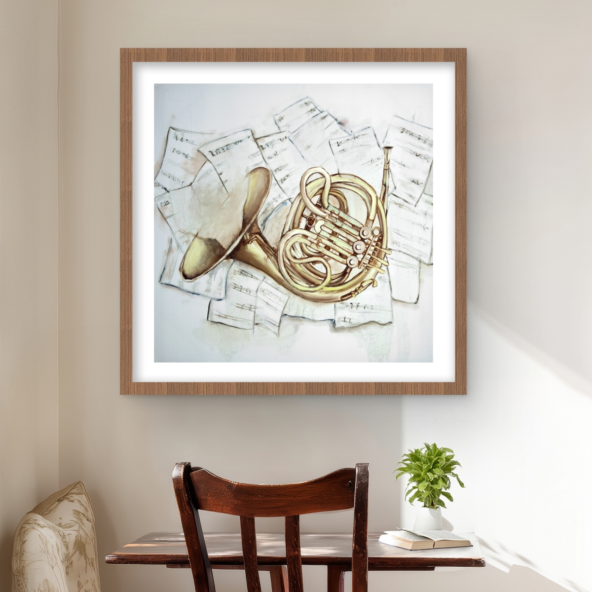 C1FM2424WZRHGW 24 x 24 in. Horn on Music Sheet - Framed Matted Print for Home Decor