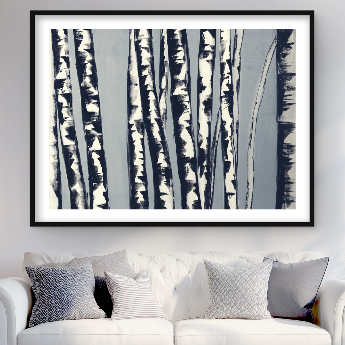 C1FM36488DJO90 36 x 48 in. Abstract Birch Forest - Botanical Blue Framed Matted Print