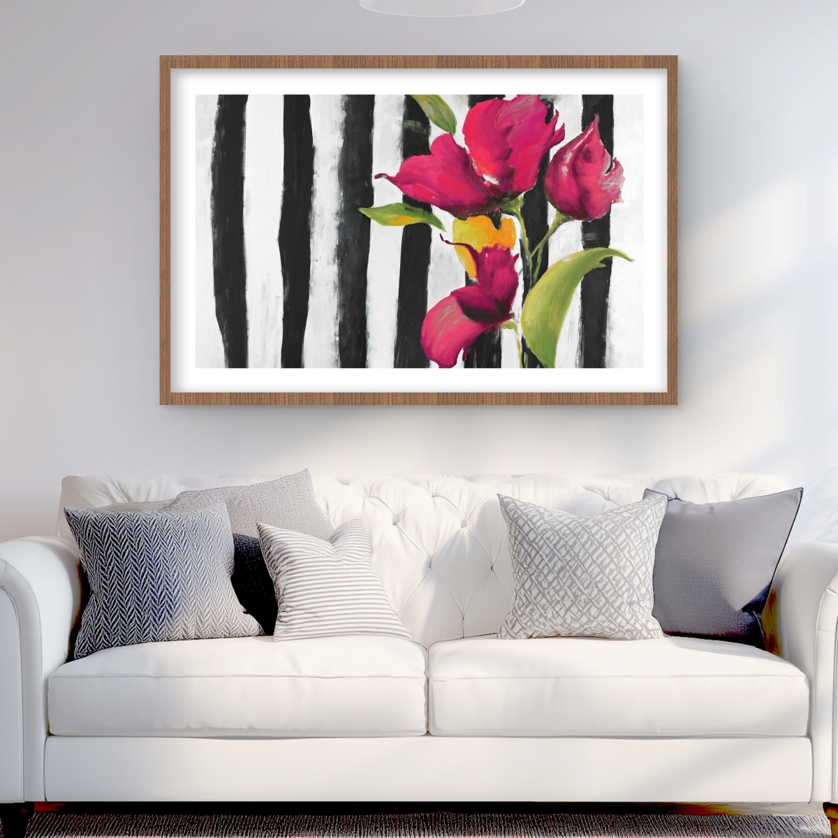 C1FM2436SXO7QL 24 x 36 in. Flowers on Black & White Stripes - Framed Matted Print