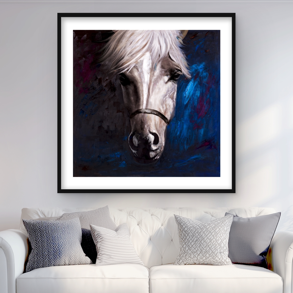 C1FM3636WEBCOE 36 x 36 in. White Horse on Blue Background - Classic Framed Print Decor