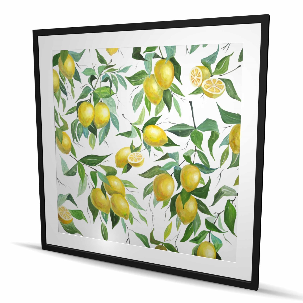 C1FM4848JJA9PK 48 x 48 in. Lemon Pattern - Leaves Gastronomy Framed Matted Print Decor