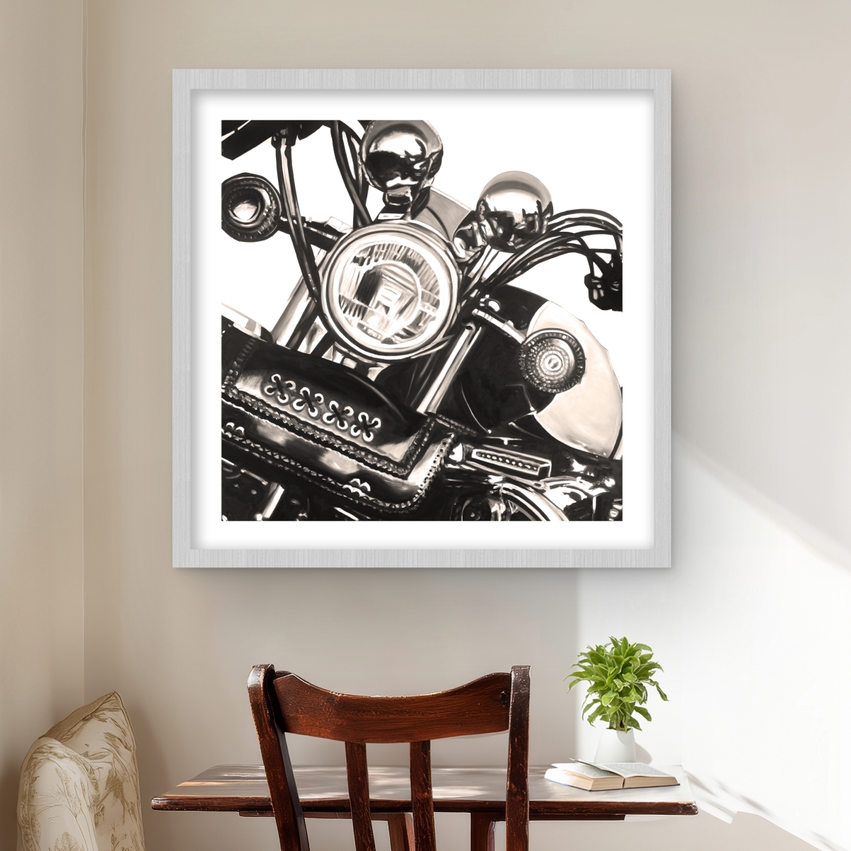 C1FM2424FLKYYM 24 x 24 in. Realistic Sepia Motorcycle - Hyperrealist Framed Print Decor
