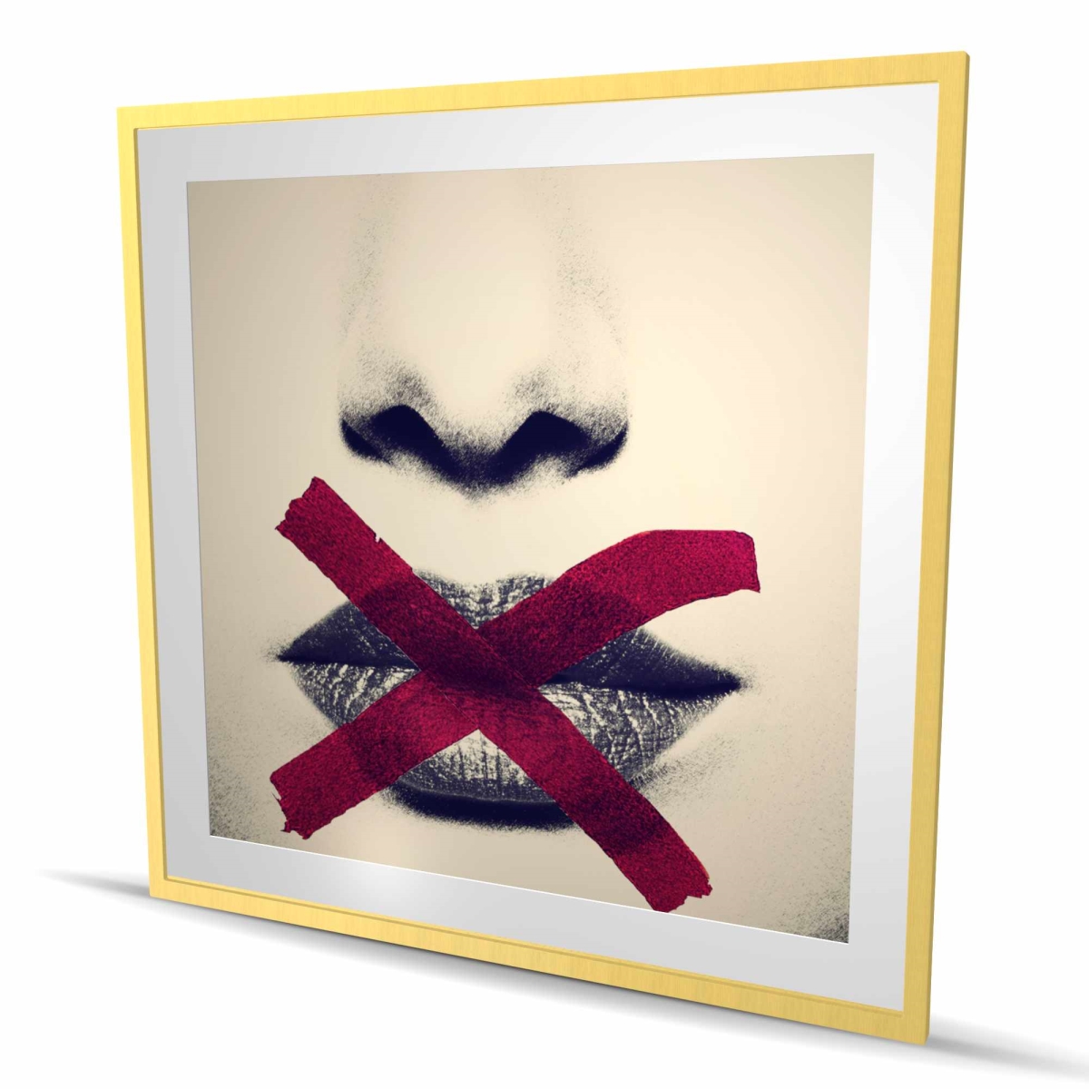 C1FM4848HF1CFV 48 x 48 in. Grayscale Lips with Red X - Framed Matted Print for Decor