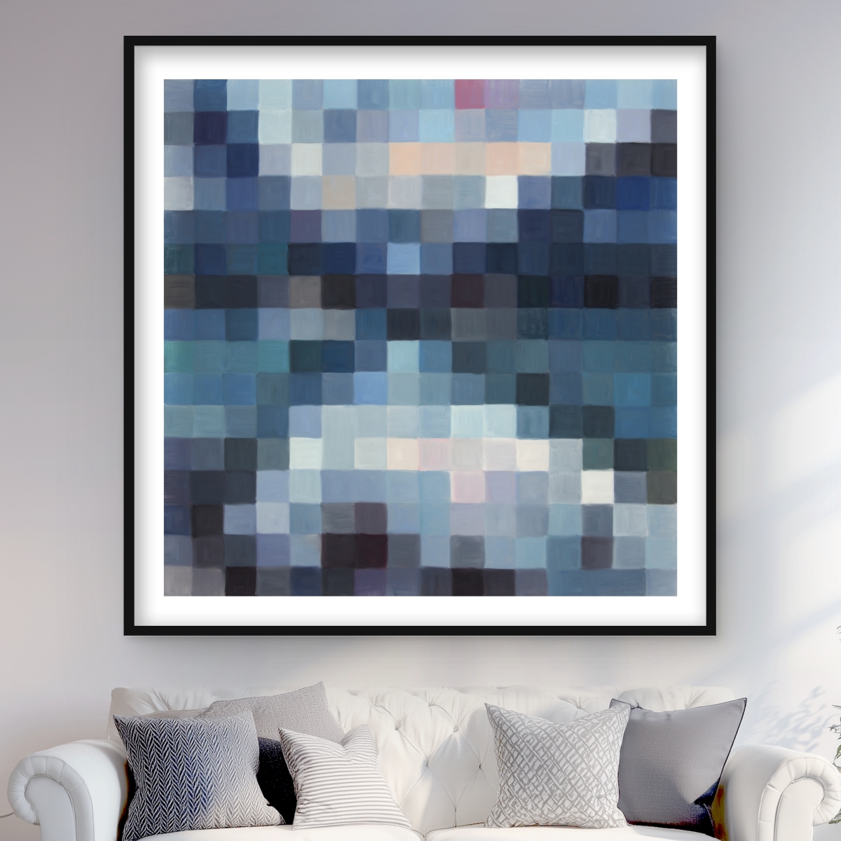 C1FM4848IS3ZZC 48 x 48 in. Pixelated Mountainous Landscape - Blue Framed Matted Print