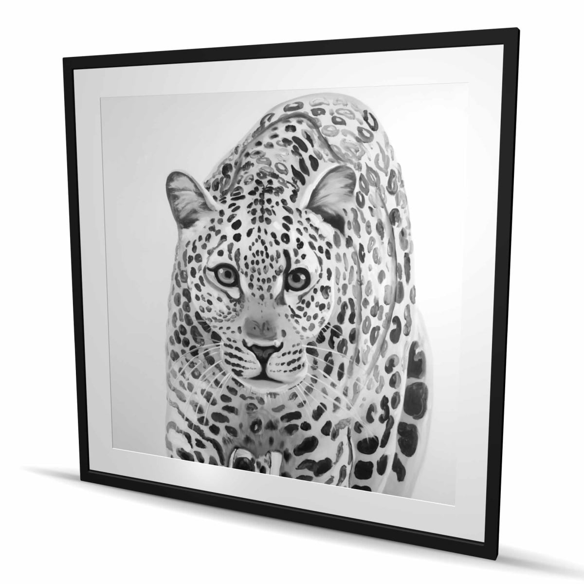 C1FM4848OD19NT 48 x 48 in. Leopard Ready to Attack - Gray Feline Framed Matted Print