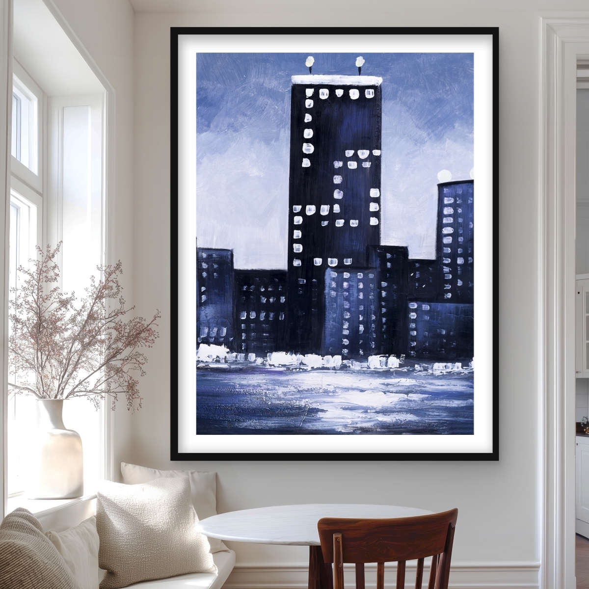 C1FM3648KTXLVG 36 x 48 in. Dark Blue Cityscape - Blue Office Framed Matted Print Decor