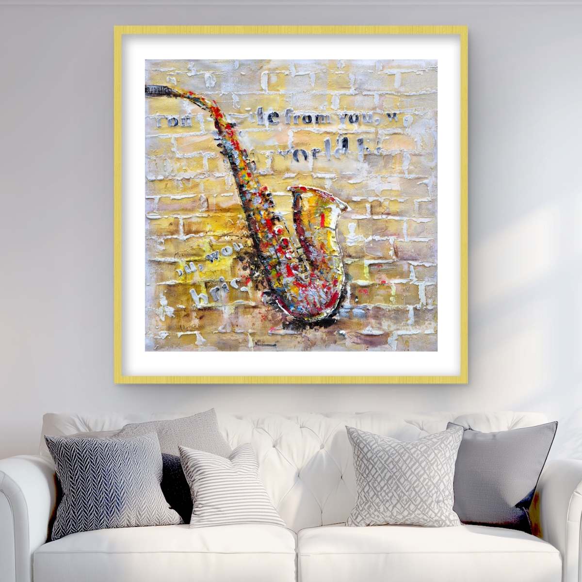 C1FM3636PK5GIK 36 x 36 in. Saxophone on Brick Wall - Modern Framed Print for Home Decor