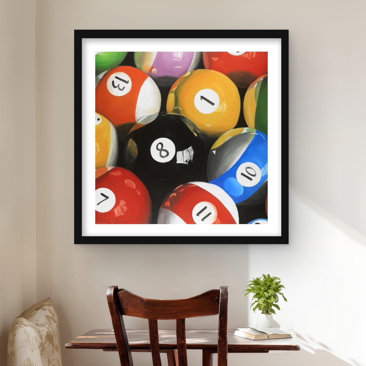 C1FM2424Q6G7YW 24 x 24 in. Pool Balls Closeup - Framed Matted Print for Man Cave Decor