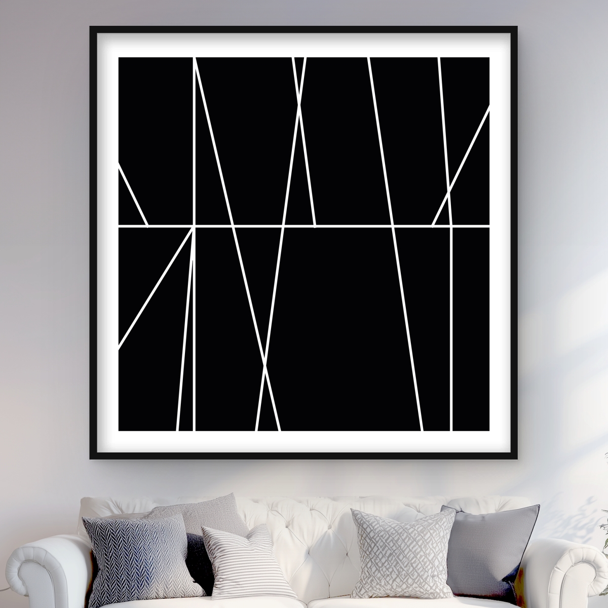 C1FM4848HZ6BDH 48 x 48 in. White Stripes on Black Background - Minimalist Framed Print